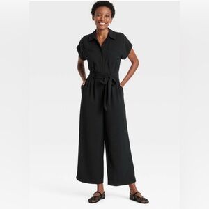 a new day Black Short-Sleeve Tie-Waist Wide-Leg Jumpsuit